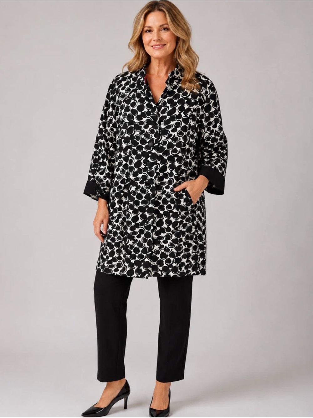 Per Se Black & White SILK Geo Print Lightweight Coat Art to Wear Modernist 16